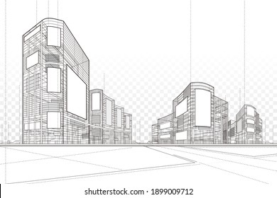 3D Illustration Abstract Architecture Building Line Drawing.