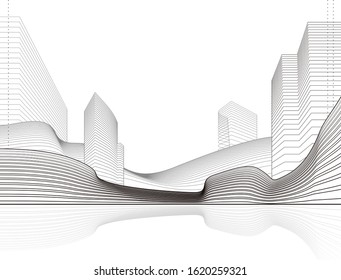 3D Illustration Abstract Architecture Landscape Line Drawing.