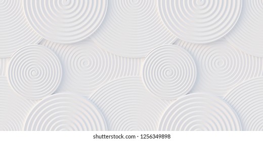 
3d illustration. Abstract background. Spiral-shaped volumetric, white circles, of different sizes at different levels with a shadow.3D panel. Futuristic background.3D illustration.Render.gypsum panel