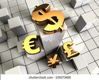 3d Illustration Of Abstract Bars Background With Currency Symbols