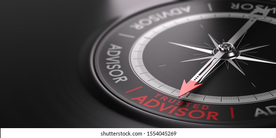 3D illustration of an abstract  compass over black background with needle pointing the text trusted advisor. Trustworthy financial advisory Concept - Powered by Shutterstock