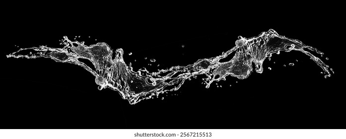 3D illustration of abstract flowing waves and splashes of water on a black background with copy space for your text