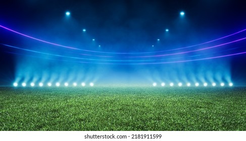 3D Illustration. Abstract Green Football Pitch Stadium Background Illuminated By Textured Green Pitch Ground. Science, Product And Sports Technology Concept