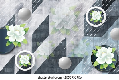3d illustration, abstract grunge striped background, white rings, white shiny balls and large white flowers