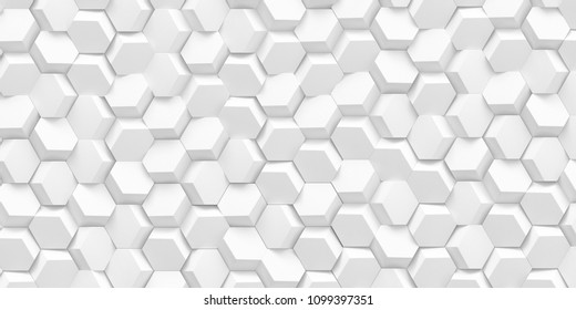 
3d illustration. Abstract hexagonal background with the effect of depth of field. A large number of white hexagons. Cellular, white 3d panel. Render.3d wall texture, hexagonal clusters