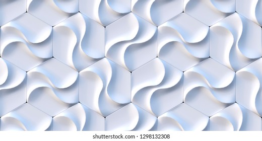 3d illustration. Abstract hexagonal background with the effect of depth of field. A large number of white hexagons. Cellular, white 3d panel.  Render. Many polygons and cramped relief.3d texture 
