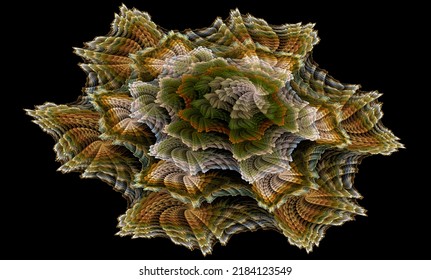 3D illustration. Abstract image. Fractal. Multi-colored figure in the form of a spiral, with a fabric texture on a black background. Graphic element for web design.