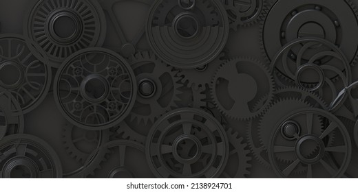 3d illustration. Abstract mechanical background, steampunk fractal.Volumetric black gears,clockwork parts with a shadow on a black background.Render.3d wallpaper.Industrial style,business
