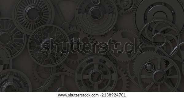 3d illustration. Abstract mechanical\
background, steampunk fractal.Volumetric black gears,clockwork\
parts with a shadow on a black background.Render.3d\
wallpaper.Industrial\
style,business