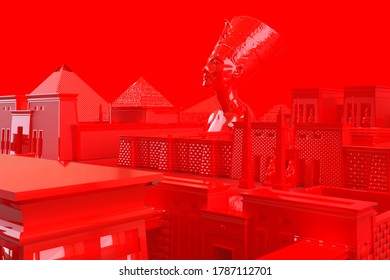 3D Illustration Abstract Scene Of Egypt Pyramids, Temples And Nefertiti Statue