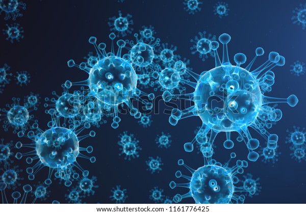 3D\
illustration abstract Virus and germs, bacteria, cell infected\
organism. Influenza Virus H1N1, Swine Flu on abstract background.\
Blue viruses glowing in attractive\
colour.