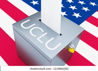 3D Illustration Of ACLU Script On A Ballot Box, With US Flag As A Background. 
American Civil Liberties Union.