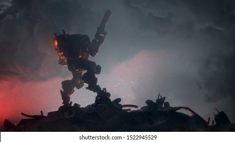 3d illustration of an action scene of a sci-fi mech standing on the ruins of the city in an attacking pose with an assault gun in one hand against storm clouds. Apocalypse concept. Storm trooper robot