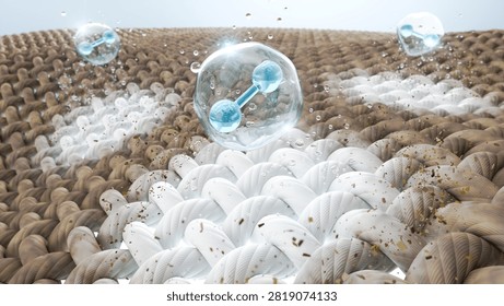 3D illustration of active detergent bubbles with molecules lifting dirt and stains from fabric fiber. Visualization of deep cleaning technology and laundry care product advertising.