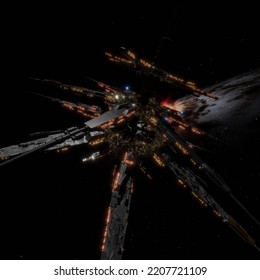 3D Illustration Of An Advanced Civilization. Busy Traffic In Orbit.