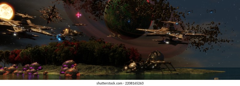 3D Illustration Of An Advanced Civilization. Busy Traffic In Orbit.