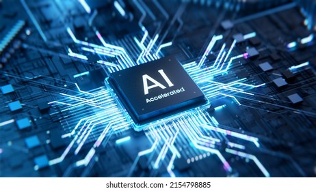 3D Illustration: Advanced Mobile Microprocessor Connecting with a Motherboard and Activates entire System. AI Letters on Chip Glowing. Energy Pulse Expanding after CPU Connected to Socket.