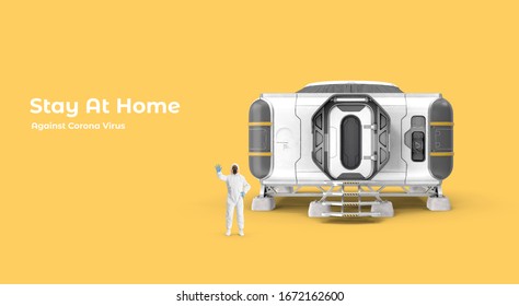 3d Illustration. Advisory On The Corona Virus. Against Corona Virus Poster. 3d Doctor In Hazmat Suit Staying Near Futuristic House. Yellow Background. Warning Banner. Isolated. Copy Space. Prevention