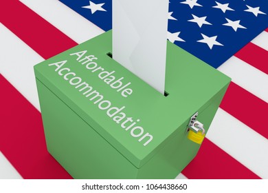 3D Illustration Of Affordable Accommodation Script On A Ballot Box, With US Flag As A Background.