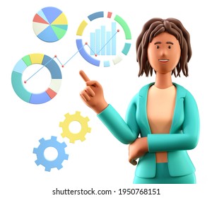 3D illustration of african american woman pointing finger at charts, diagrams, infographics and graph dashboard. Cute cartoon businesswoman generating ideas, analytics, business strategy. - Powered by Shutterstock