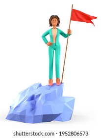 3D illustration of african american woman hoisting a red flag on the top mountain. Cute cartoon happy businesswoman reaching goals on the peak of success. Objective attainment, leadership concept.