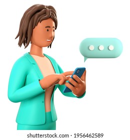 3D illustration of african american woman chatting on the smartphone with speech bubble. Cartoon businesswoman talking and typing on the phone. Social networks communication, mobile connection. - Powered by Shutterstock