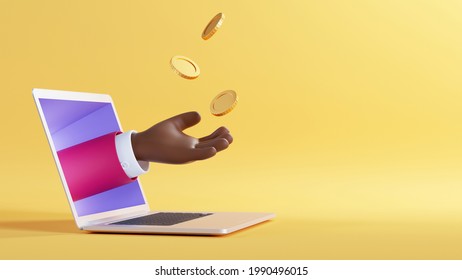 3d illustration. African cartoon character hand sticking out the laptop screen, throws up golden coins to the air. Internet commerce profit clip art isolated on yellow background. Finance concept