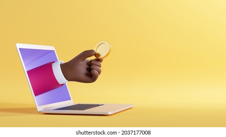 3d illustration. African cartoon character hand sticking out the laptop screen, holds abstract golden coin. Blockchain cryptocurrency clip art isolated on yellow background. Finance concept