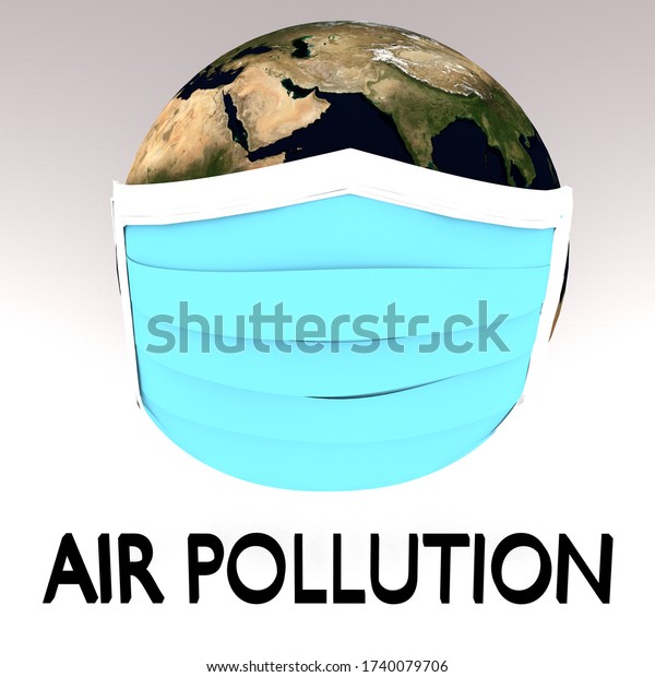 3D illustration of AIR POLLUTION script , under a\
3D model of the world wearing medical mask. Elements of this image\
furnished by NASA.
