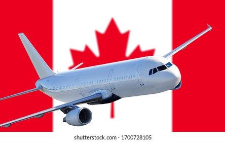 3D illustration. Airplane on the background of the silk national flag of the modern state of Canada.