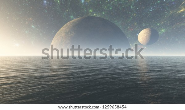 3D Illustration of \
alien planet ocean in space with nebula and stars. Alien planet sea\
in space, Surface of alien planet in space, planet with a moon in\
horizon well visible.