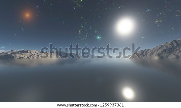 3D Illustration of \
alien planet ocean in space with nebula and stars. Sea in space,\
Surface of alien planet in space, Island in alien planet, Mountain\
Beside The Sea.