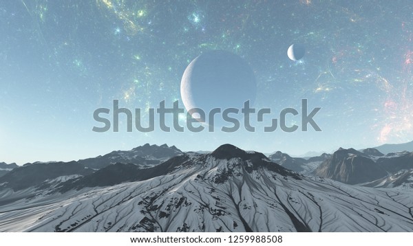 3D Illustration of  alien planet in space with \
nebula and stars. Alien world in space, Surface of planet in space,\
alien planet with galaxies and stars in open space.Alien planet\
cold mountain.