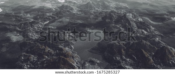 3d illustration alien surface with liquid\
methane and mountain
