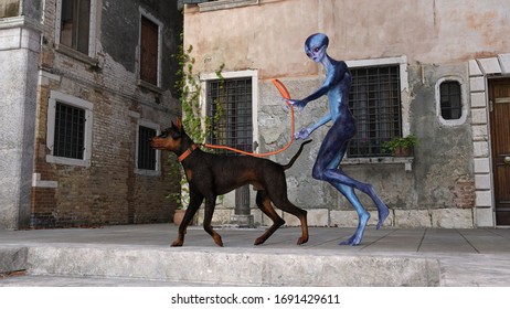 3d Illustration Of An Alien Trying To Walk A Dog But Losing The Leash And Grabbing For It In An Old World Village Setting.