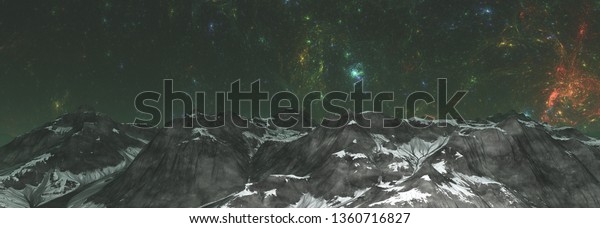 3D Illustration of the alien world in space with\
nebula and stars. planet in space, Surface of an alien planet in\
space, Planet with galaxies and stars in open space. Alien world\
cold mountain