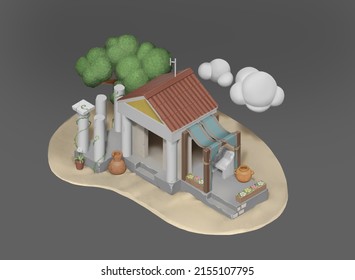 3D Illustration Of An Ancient Greek House.