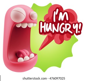 3d Illustration Angry Face Emoticon saying I'm Hungry with Colorful Speech Bubble.