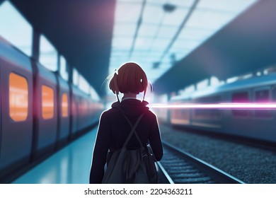 3D Illustration Of An Anime Girl Standing Near The Train. Railway. 3d-render