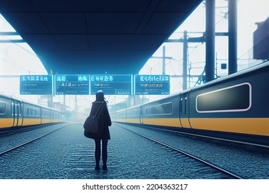 3D Illustration Of An Anime Girl Standing Near The Train. Railway. 3d-render