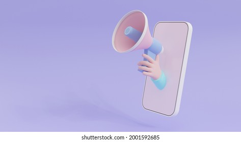 3D illustration announces notification banner sign  cartoon hand holding megaphone coming out of the mobile phone on purple background with copy space
