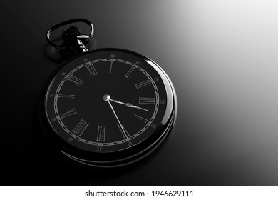 3d Illustration  Of Antique  Black Round Clock On Black Isolated Background. Stopwatch Icon, Logo. Chronometer, Vintage Timer