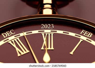 3d Illustration  Of Antique  Black Round Clock With Cutoffs 2023 And Calendar Months  On Brown  Isolated Background. Stopwatch Icon, Logo. Chronometer, Vintage Timer