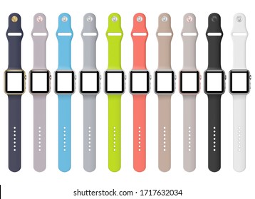 3D Illustration Of Apple Smart Watch Models Or Iwatch Watches With White Display And Bracelet In Various Colors On A White Background