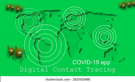 3D Illustration. Apps, Follower, COVID-19 Tracking. Software Applications. Digital Contact Tracing In Response To The Coronavirus. Identifying, Search For Possibly Infected Individuals. World Map.