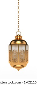 3D Illustration Of Arabic Ramadan Lantern  |  Round Hanging Lantern With Arabesque Pattern In Gold