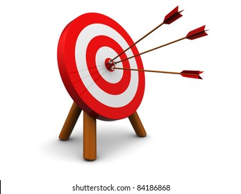 3d illustration of archery target hit with three arrows, over white background