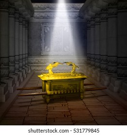 3D illustration of the Ark of the Covenant inside the Holy Temple illuminated by a shaft of light from heaven.