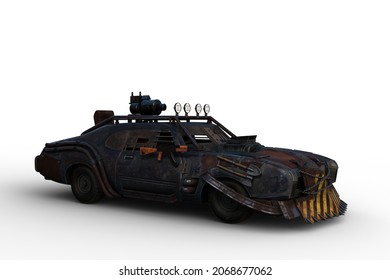 3D Illustration Of An Armoured Car From A  Fantasy Zombie Apocalypse World Isolated On A White Background.