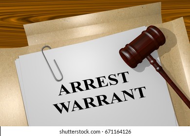 3D illustration of "ARREST WARRANT" title on legal document